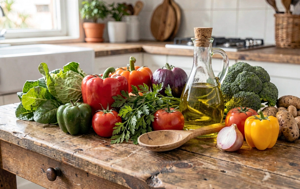 Ingredientes frescos sobre mesa rústica